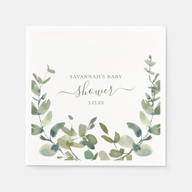 Watercolor Eucalyptus Baby Shower Napkin (Front)