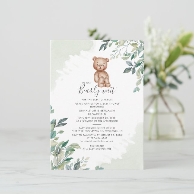 Watercolor Eucalyptus Bear Modern Baby Shower Invitation (Standing Front)