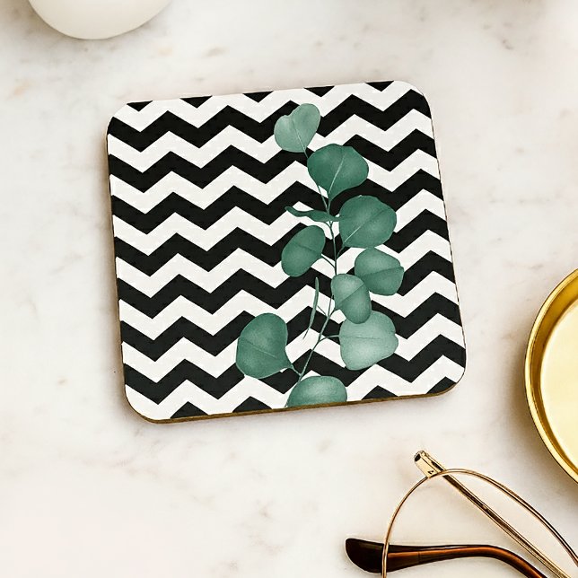 Watercolor Eucalyptus Black White Chevron Coaster (Watercolor Eucalyptus Black White Chevron Beverage Coaster)