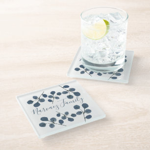Watercolor Eucalyptus Blue Botanical Hand Painted Glass Coaster