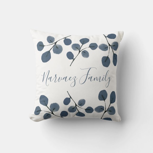 Watercolor Eucalyptus Blue Botanical Hand Painted  Throw Pillow (Front)
