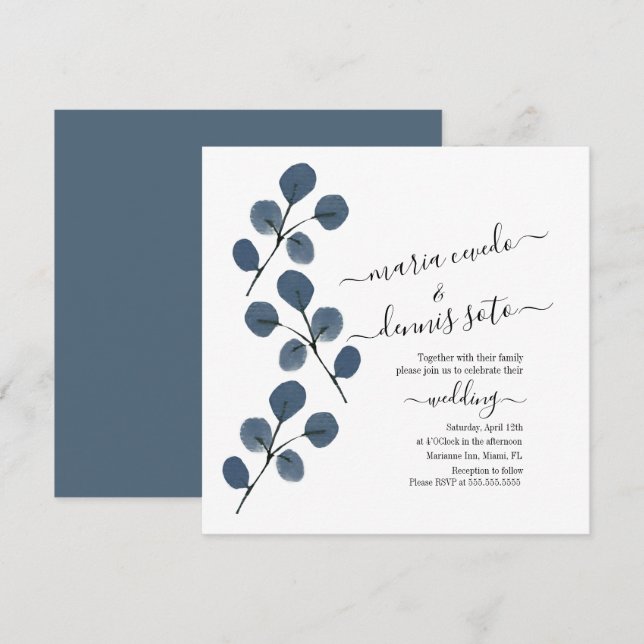 Watercolor Eucalyptus Blue Elegant Script Wedding  Invitation (Front/Back)