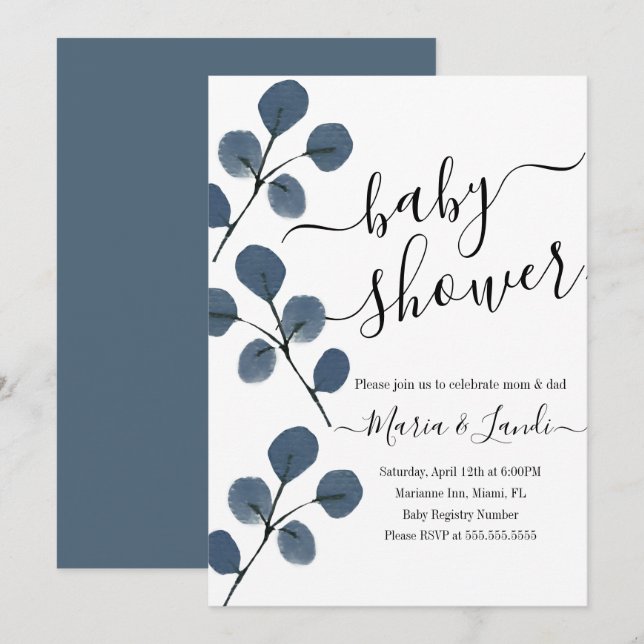 Watercolor Eucalyptus Blue Script Baby Shower Invitation (Front/Back)