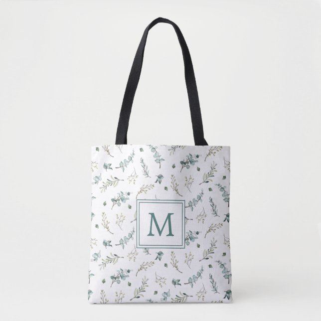 Watercolor Eucalyptus Botanical Pattern Monogram Tote Bag (Front)