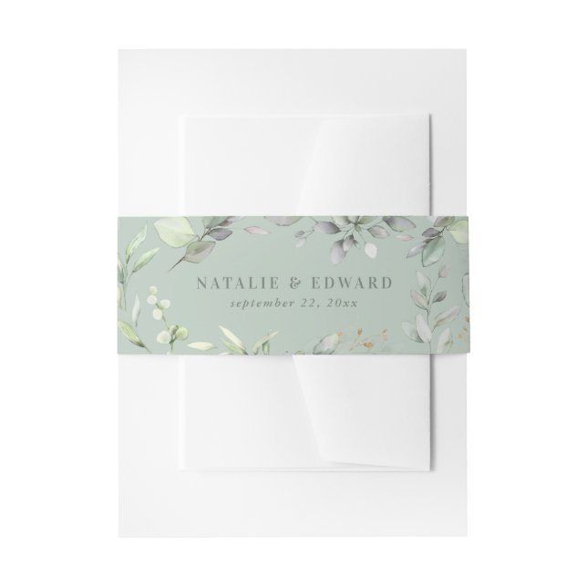 Watercolor eucalyptus botanical sage green invitation belly band (Front Example)