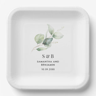 Watercolor Eucalyptus Botanical Wedding Reception Paper Plate