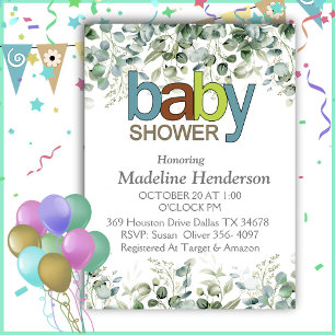 Watercolor Eucalyptus Branch Baby Shower Invitation