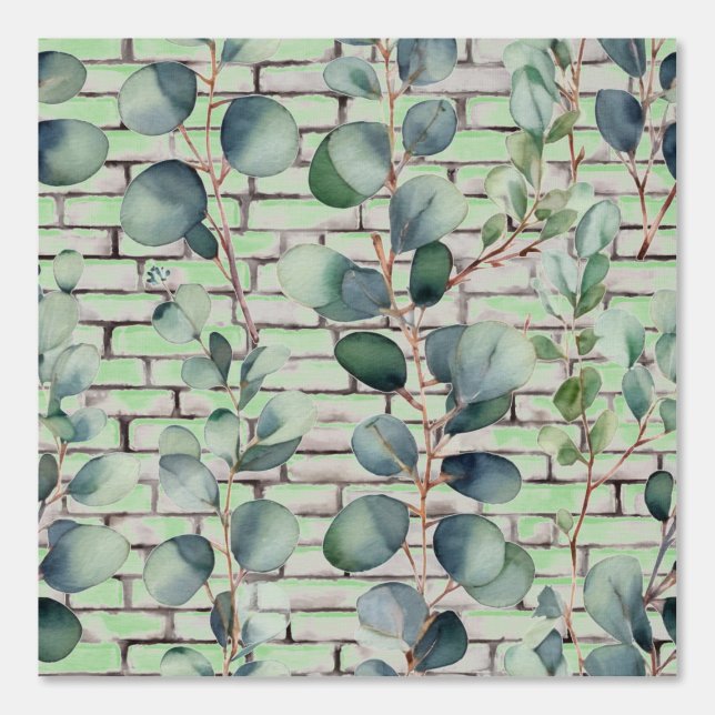 Watercolor Eucalyptus Branch Brick Leaf Sage Green Wallpaper (Front)