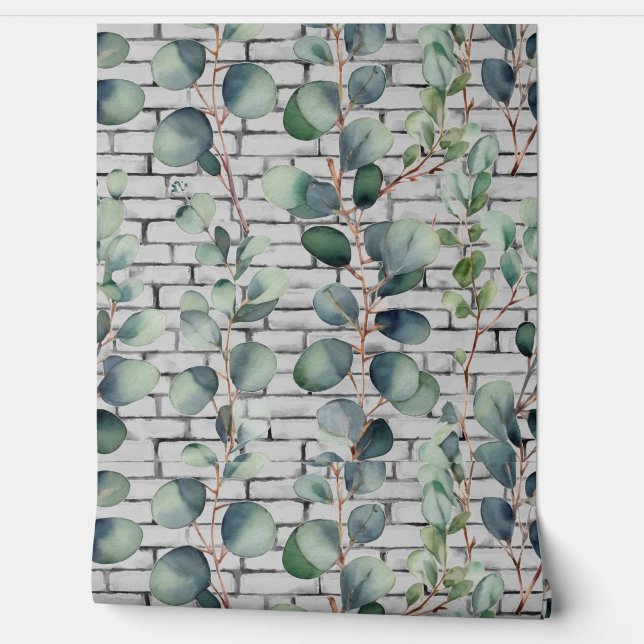 Watercolor Eucalyptus Brick Leaf Branches Greenery Wallpaper (Unrolling)