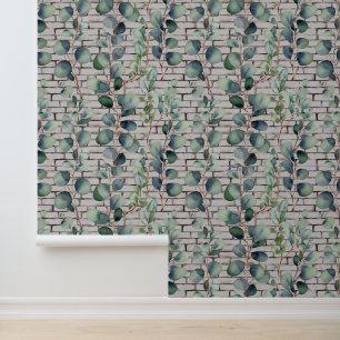 Watercolor Eucalyptus Bricks Green Leaves Branches Wallpaper