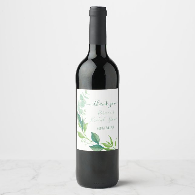 Watercolor Eucalyptus Bridal Shower Favours Wine Label (Front)