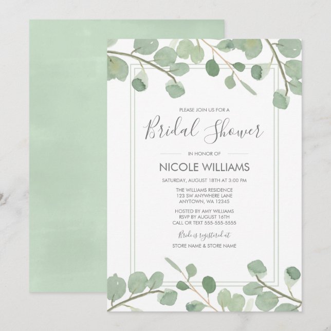 Watercolor Eucalyptus Bridal Shower Invitation (Front/Back)