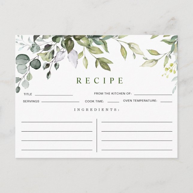 Watercolor Eucalyptus Bridal Shower Recipe Card (Front)