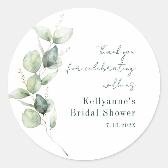 Watercolor Eucalyptus Bridal Shower Thank You Classic Round Sticker (Front)