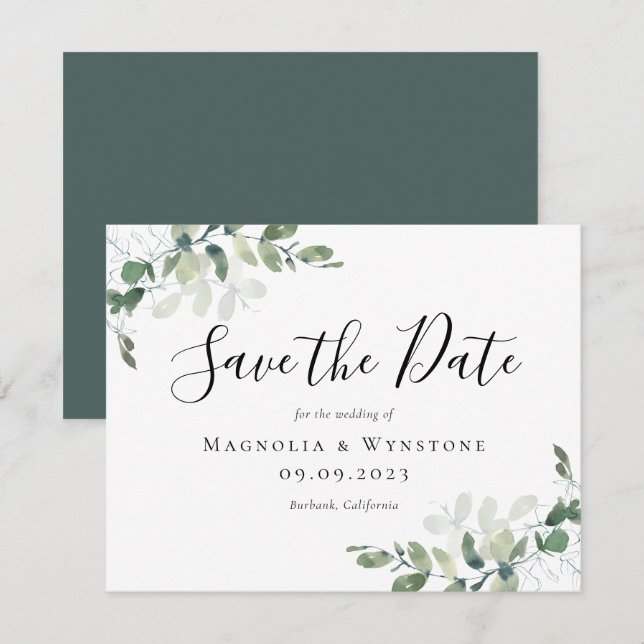 Watercolor Eucalyptus Calligraphy Save the Date (Front/Back)