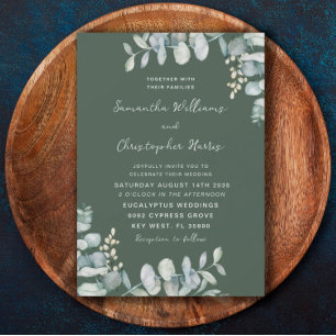  Watercolor Eucalyptus Dark Sage Green Wedding Invitation