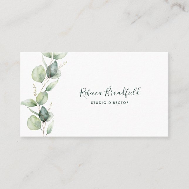 Watercolor Eucalyptus Elegant Script Business Card (Front)