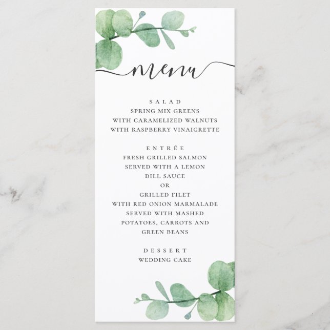 Watercolor eucalyptus. Elegant script wedding Menu (Front)