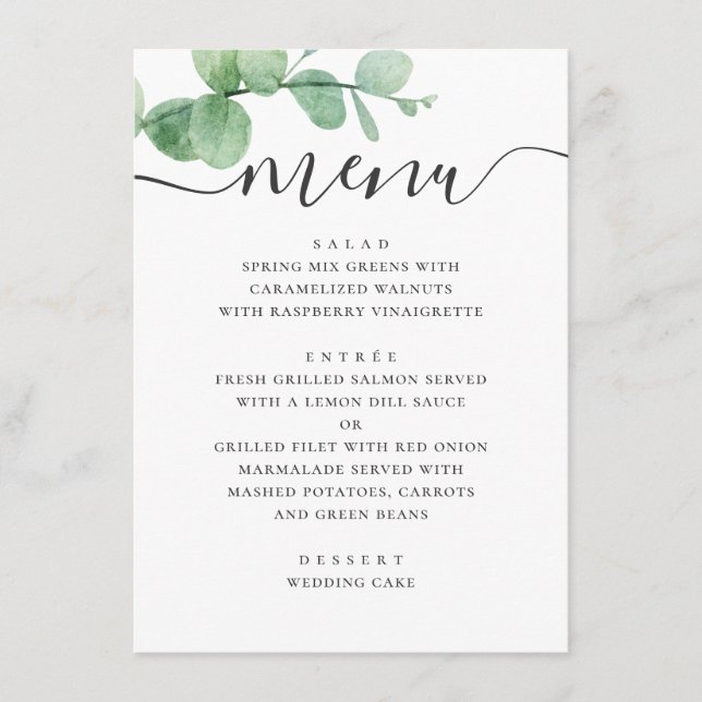 Watercolor eucalyptus. Elegant script wedding Menu (Front)