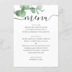 Watercolor eucalyptus. Elegant script wedding Menu