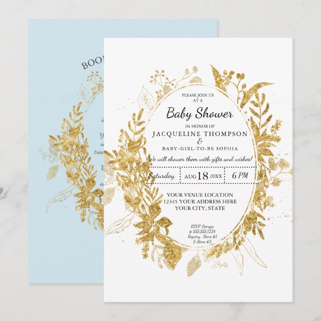 Watercolor Eucalyptus Foliage Boy Baby Blue w Gold Invitation (Front/Back)