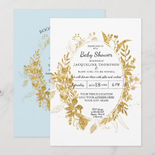 Watercolor Eucalyptus Foliage Boy Baby Blue w Gold Invitation