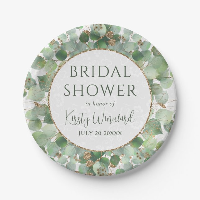 Watercolor Eucalyptus Foliage Bridal Shower Paper Plate (Front)