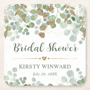 Watercolor Eucalyptus Foliage Bridal Shower Square Paper Coaster