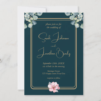 Watercolor Eucalyptus Foliage Pink Flower Wedding  Invitation