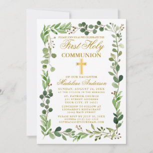 Watercolor Eucalyptus Frame First Communion Gold Invitation
