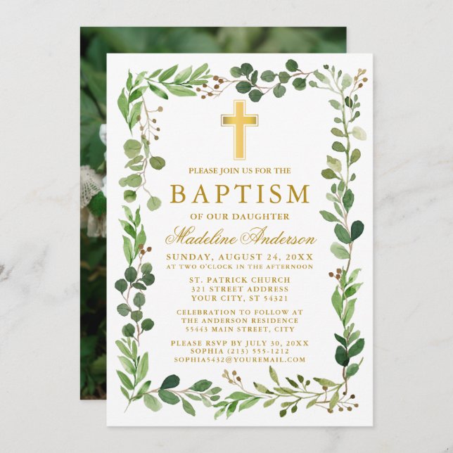 Watercolor Eucalyptus Frame Gold Baptism Photo Invitation (Front/Back)
