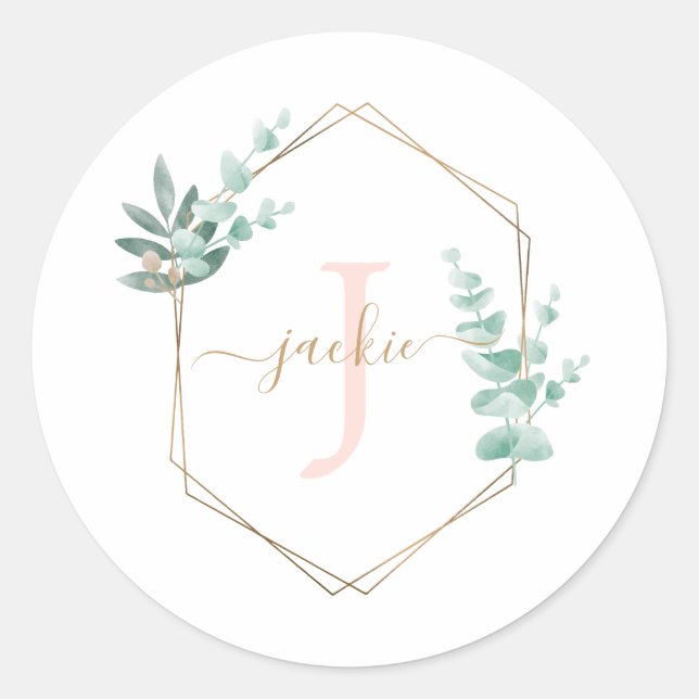 Watercolor Eucalyptus Frame Monogram Classic Round Sticker (Front)