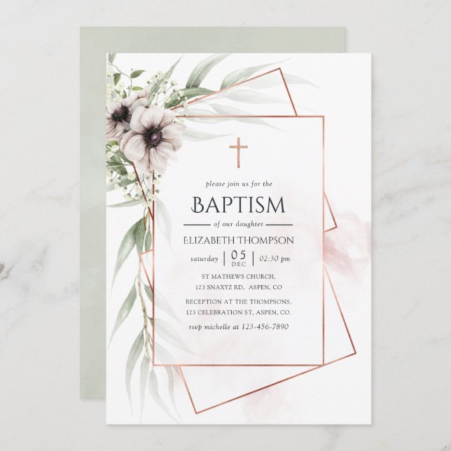 Watercolor Eucalyptus Geometric Baptism Invitation (Front/Back)