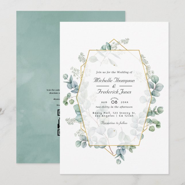 Watercolor Eucalyptus Geometric QR Code Wedding Invitation (Front/Back)