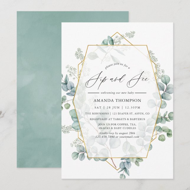 Watercolor Eucalyptus Geometric Sip and See Invitation (Front/Back)