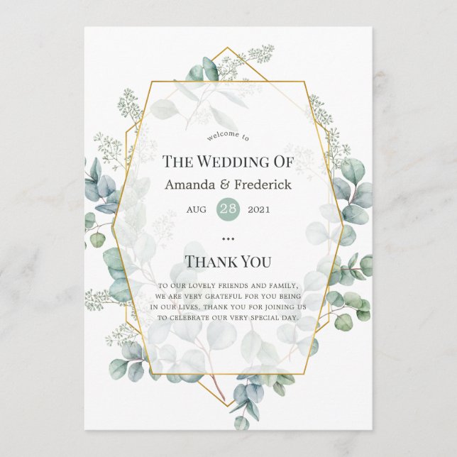 Watercolor Eucalyptus Geometric Wedding Program (Front)