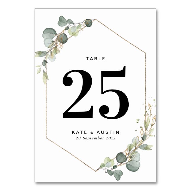 Watercolor eucalyptus geometric wedding table number (Front)