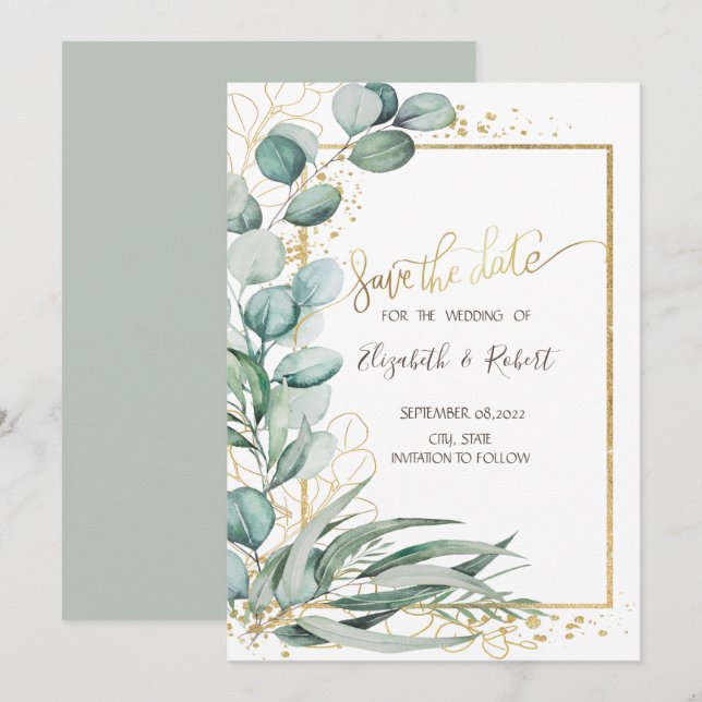 Watercolor Eucalyptus Gold Frame Save The Date (Front/Back)