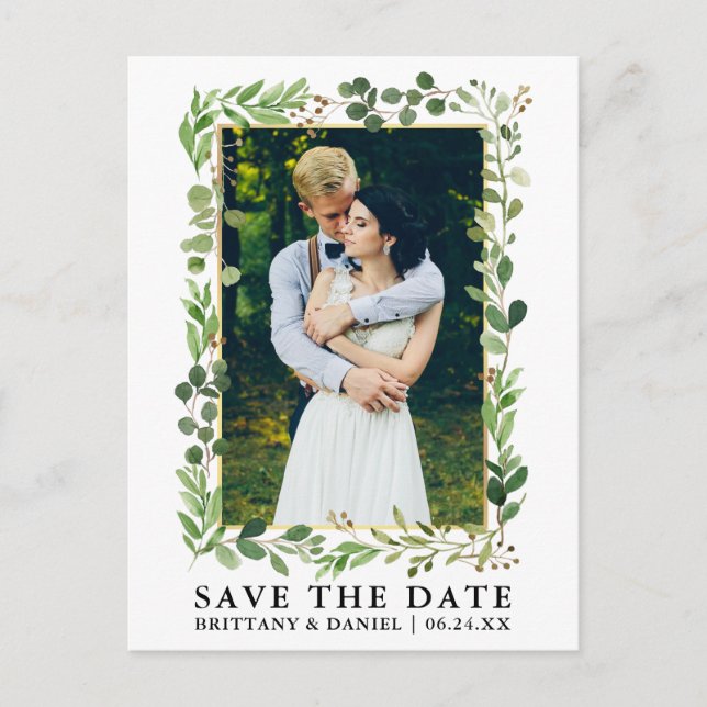 Watercolor Eucalyptus Gold Frame Save The Date Postcard (Front)