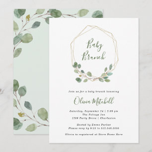 Watercolor Eucalyptus   Gold Geometric Baby Brunch Invitation