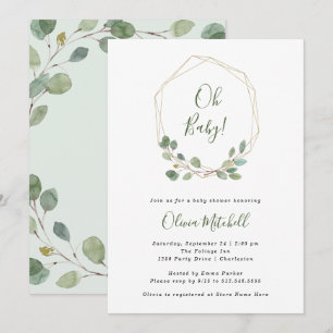 Watercolor Eucalyptus   Gold Geometric Baby Shower Invitation