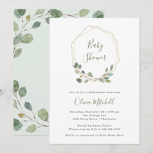 Watercolor Eucalyptus | Gold Geometric Baby Shower Invitation (Front/Back)