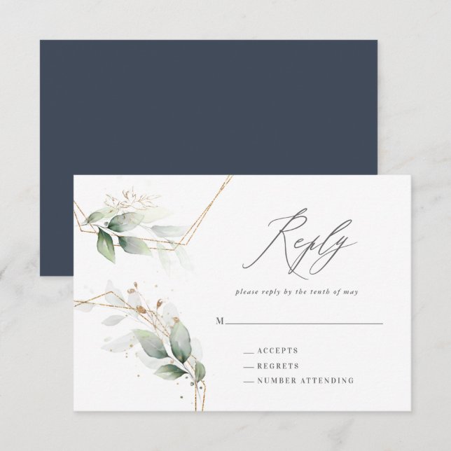Watercolor eucalyptus gold geometric wedding reply RSVP card (Front/Back)