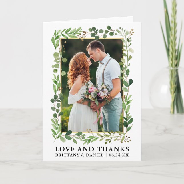 Watercolor Eucalyptus Gold Love Thanks Folded Thank You Card (Front)