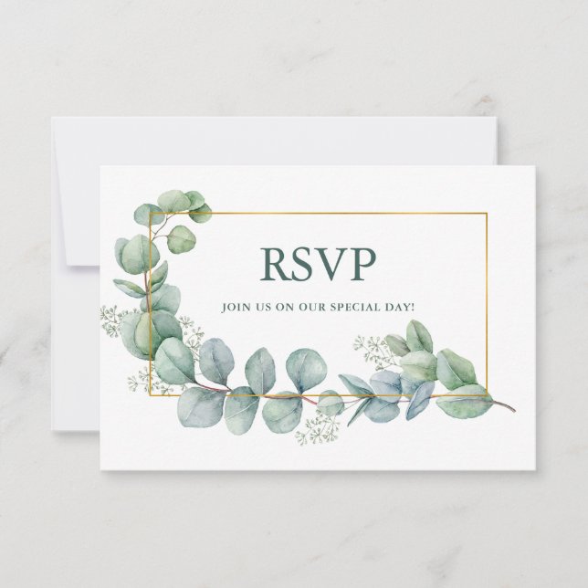 Watercolor Eucalyptus Green Gold Frame Wedding RSVP Card (Front)