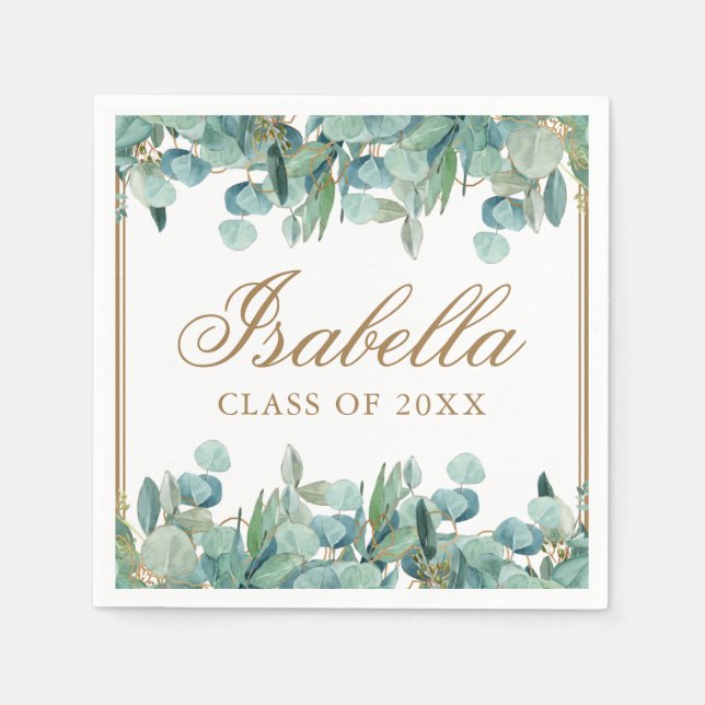 Watercolor Eucalyptus Green Gold Graduation Napkin (Front)