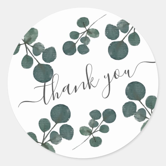 Watercolor Eucalyptus Green Thank You  Classic Round Sticker (Front)