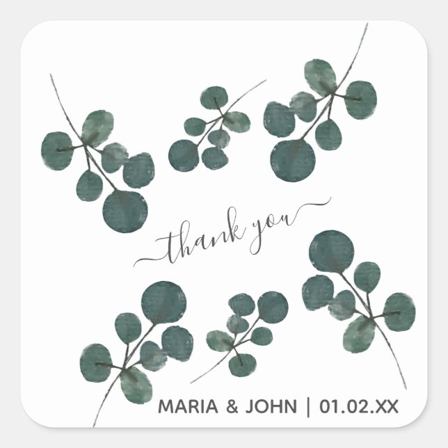 Watercolor Eucalyptus Green Thank You  Square Sticker (Front)