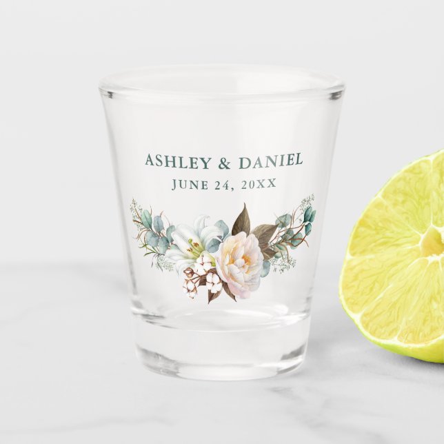 Watercolor Eucalyptus Green Wedding Shot Glass (Front)