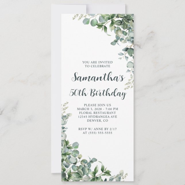Watercolor Eucalyptus Greenery 50th Birthday Invitation (Front)